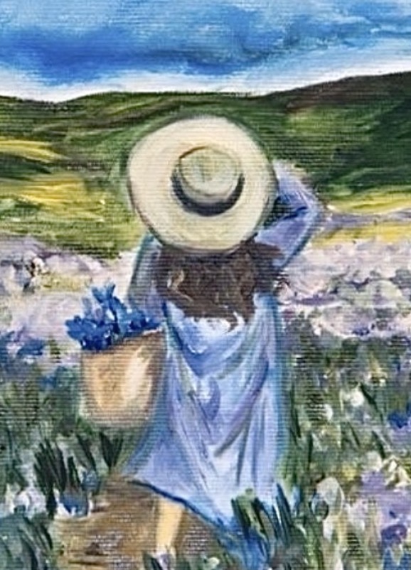 Detail of Lavender Field by Marina Stognieva — woman among lavender and oil painting texture